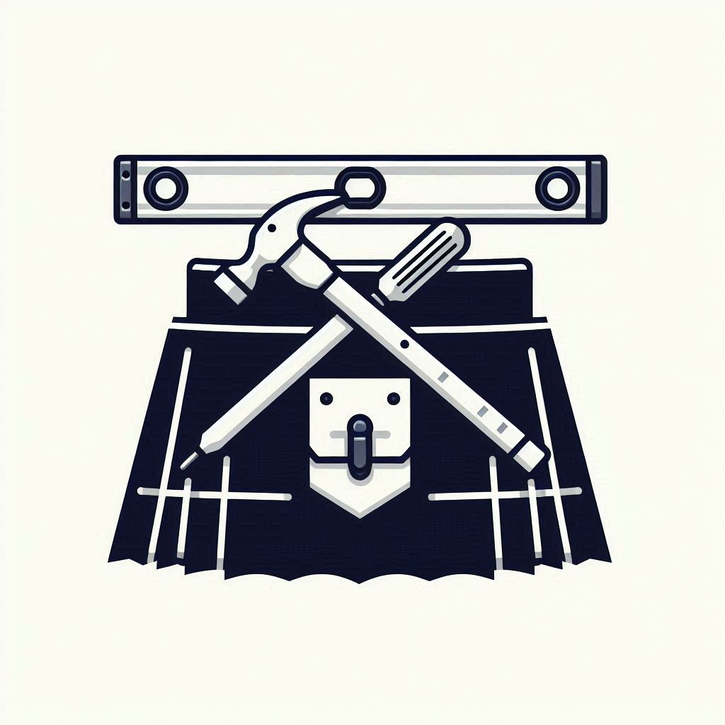 Kilted Workman Logo - a black and white simple geometric kilt with a level above it and a screwdriver and hammer crossed over nail pouch sporran.